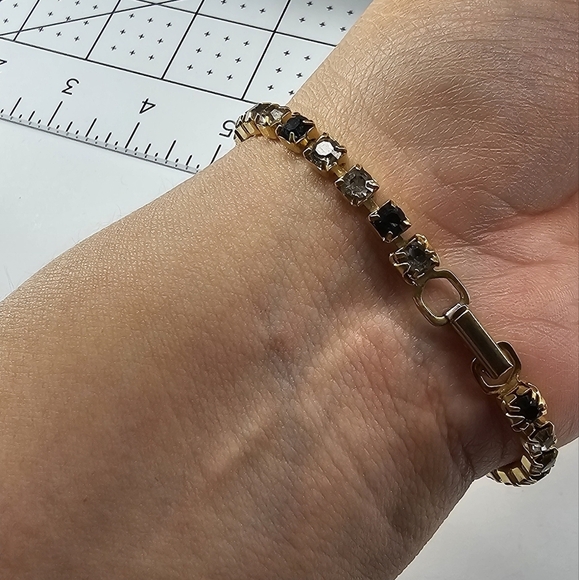 Vintage 90s Navy/Clear Rhinestones Gold Bracelet - Picture 5 of 7